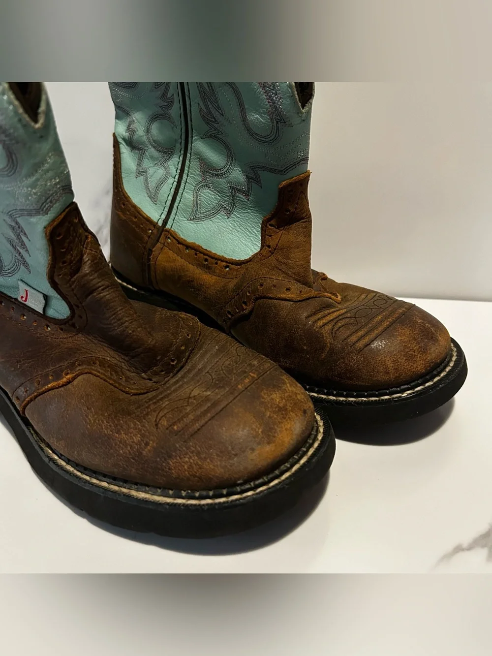 Kids Brown Leather Western Boots with Turquoise Shaft